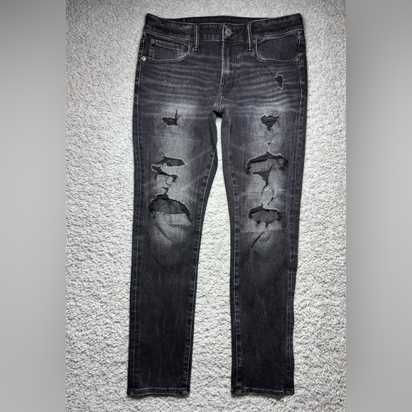American Eagle Jeans Mens 32 x 30 Skinny Airflex 350 Black Distressed Holes - Picture 1 of 6